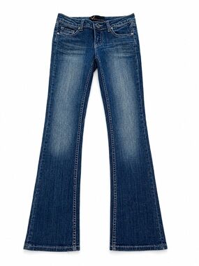 V BLUE LOW RISE FLARE JEANS WOMENS SIZE 24 MEDIUM BLUE STRETCH Y2K